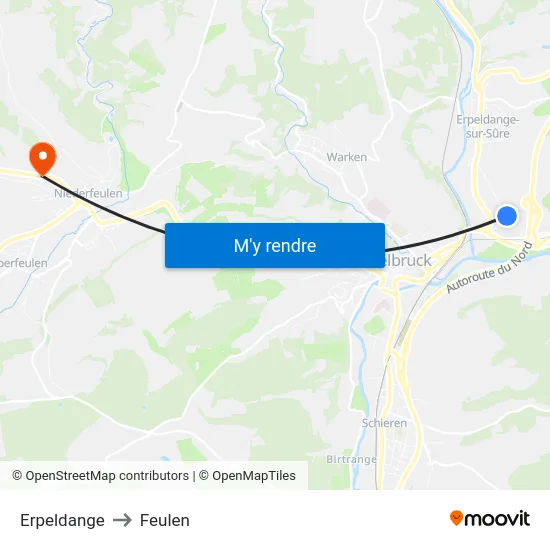 Erpeldange to Feulen map