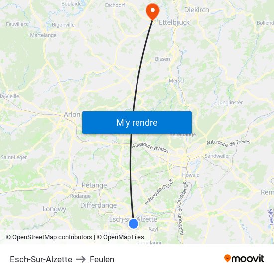 Esch-Sur-Alzette to Feulen map