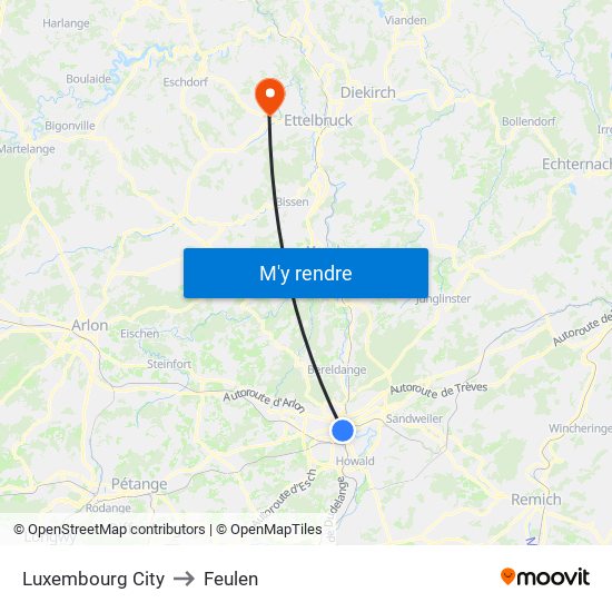 Luxembourg City to Feulen map