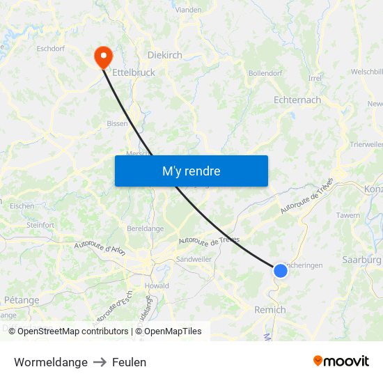 Wormeldange to Feulen map