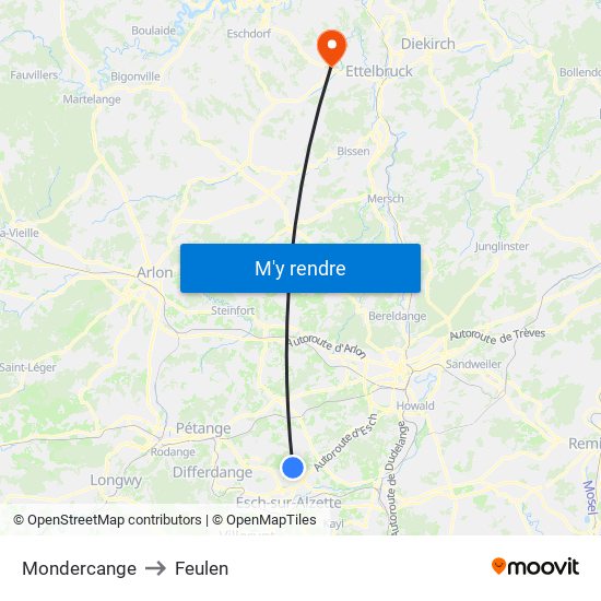 Mondercange to Feulen map
