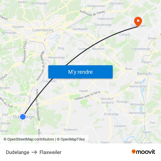 Dudelange to Flaxweiler map