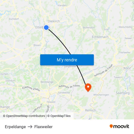 Erpeldange to Flaxweiler map