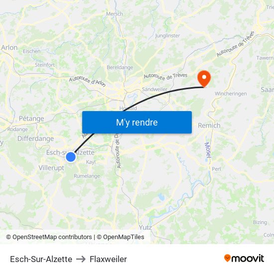 Esch-Sur-Alzette to Flaxweiler map