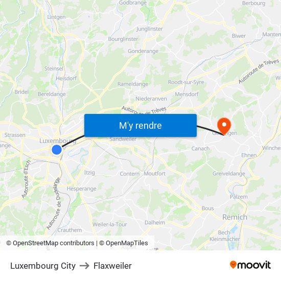 Luxembourg City to Flaxweiler map