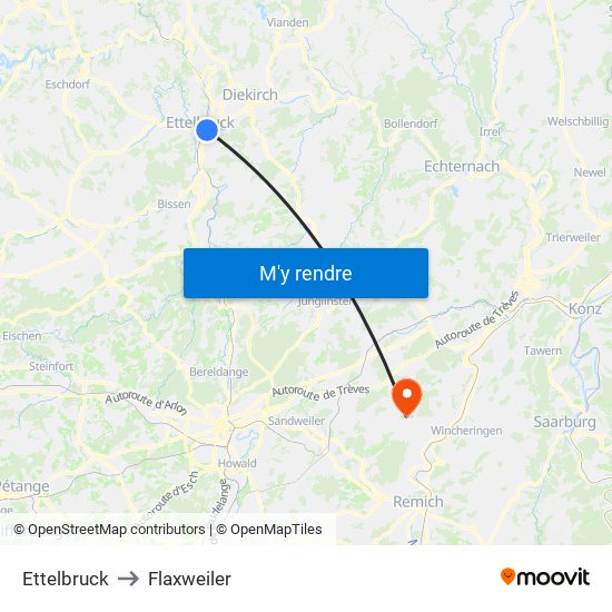 Ettelbruck to Flaxweiler map