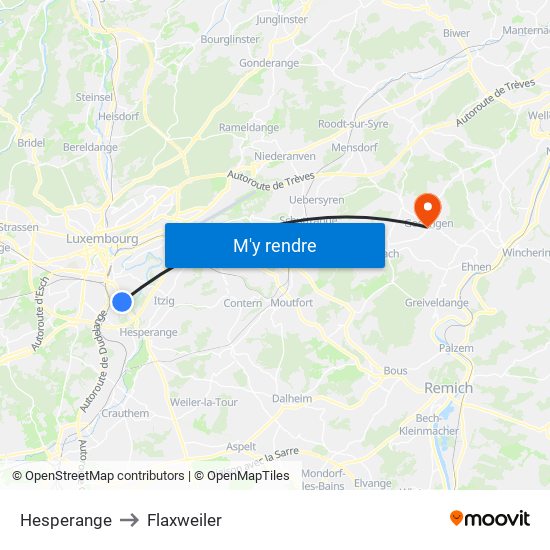 Hesperange to Flaxweiler map