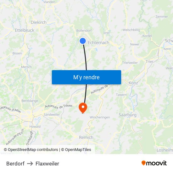 Berdorf to Flaxweiler map