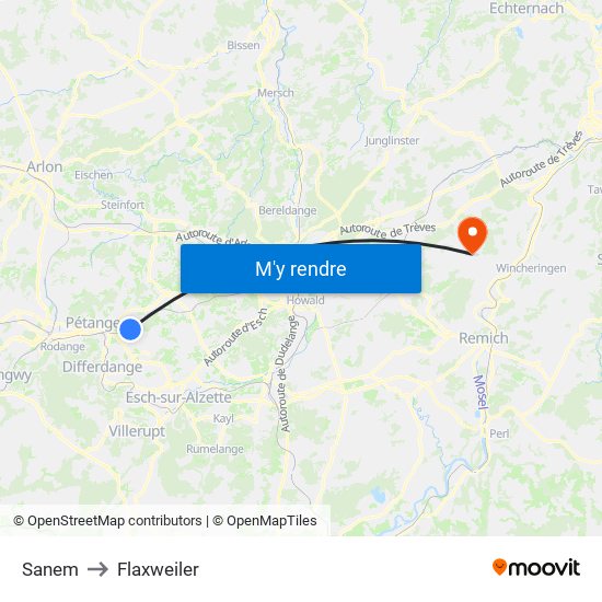 Sanem to Flaxweiler map