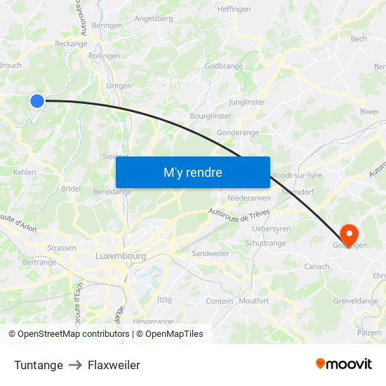 Tuntange to Flaxweiler map