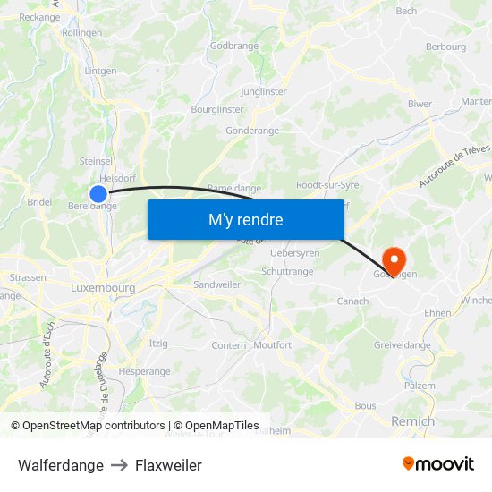 Walferdange to Flaxweiler map