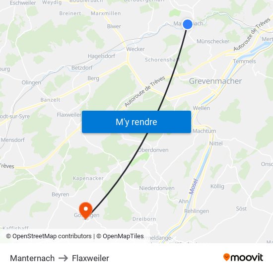 Manternach to Flaxweiler map