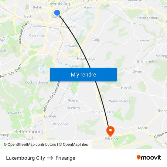 Luxembourg City to Frisange map