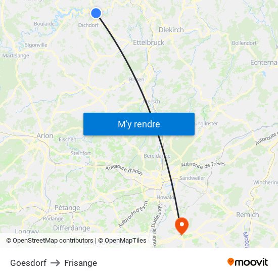 Goesdorf to Frisange map