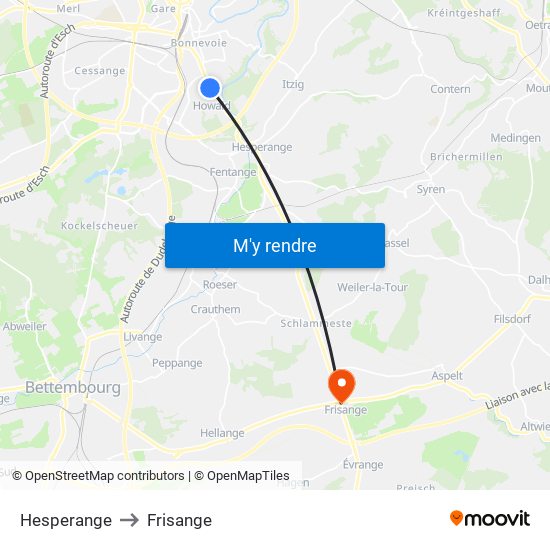 Hesperange to Frisange map