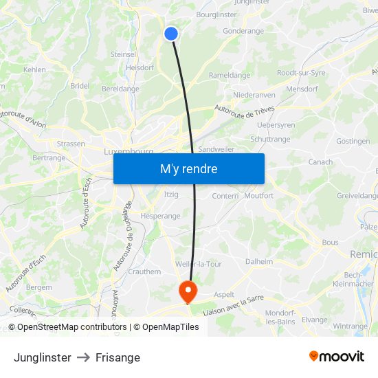 Junglinster to Frisange map