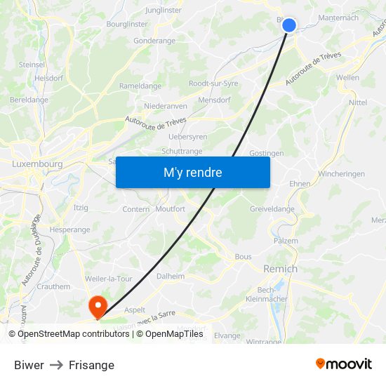 Biwer to Frisange map