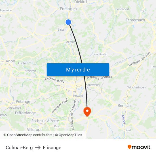 Colmar-Berg to Frisange map