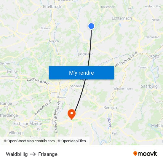 Waldbillig to Frisange map