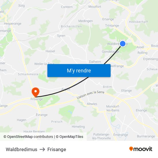 Waldbredimus to Frisange map