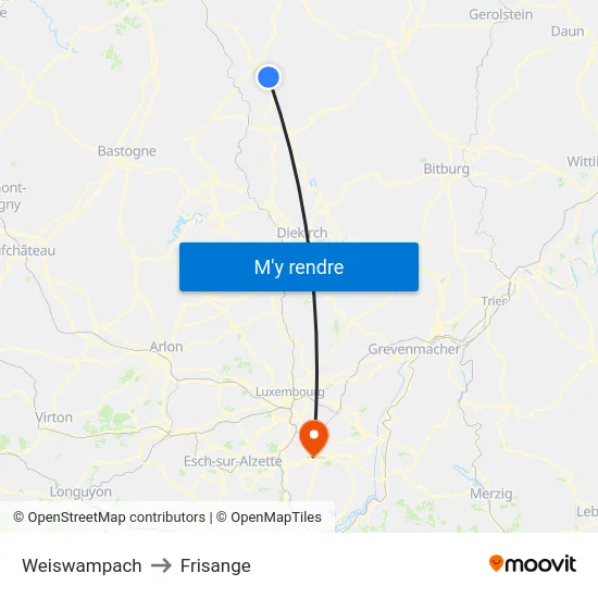 Weiswampach to Frisange map