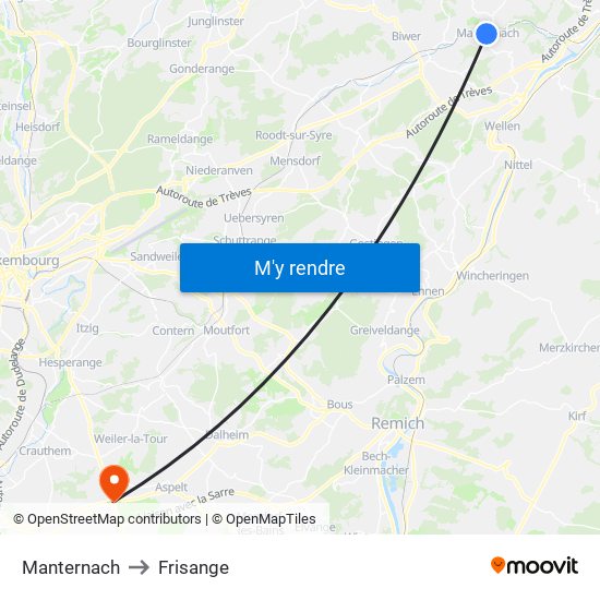 Manternach to Frisange map