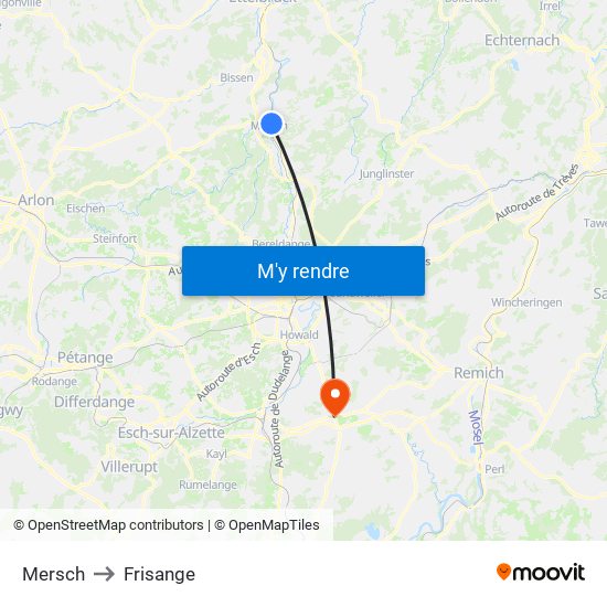 Mersch to Frisange map