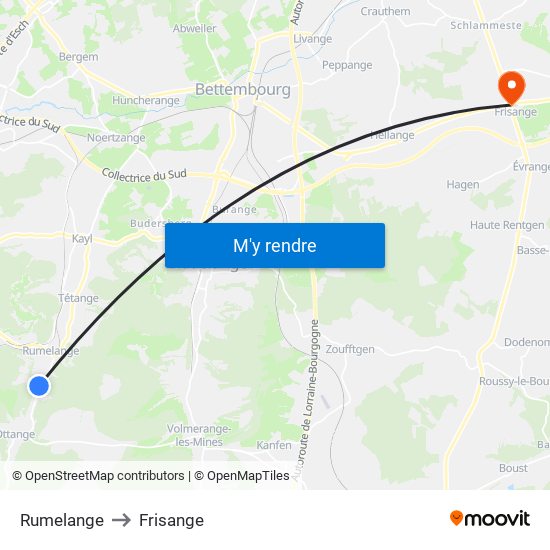 Rumelange to Frisange map