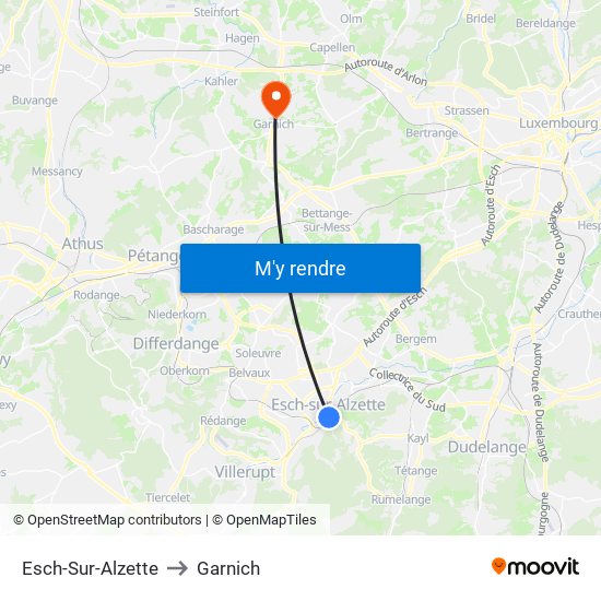 Esch-Sur-Alzette to Garnich map
