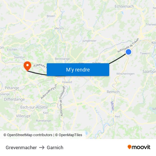 Grevenmacher to Garnich map