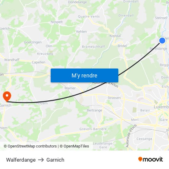 Walferdange to Garnich map