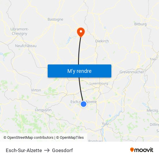 Esch-Sur-Alzette to Goesdorf map