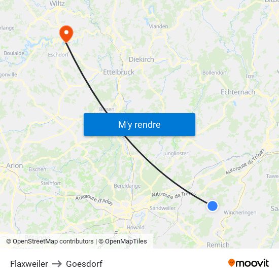 Flaxweiler to Goesdorf map