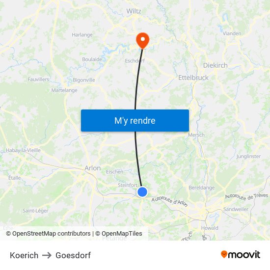 Koerich to Goesdorf map