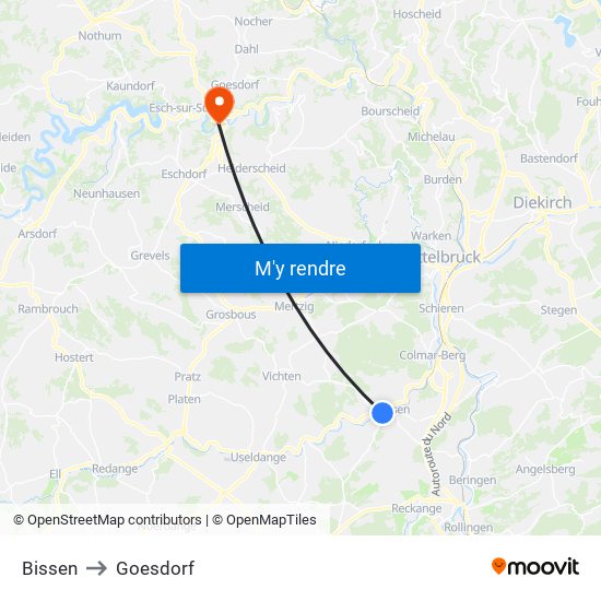 Bissen to Goesdorf map