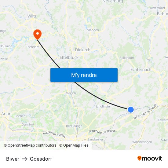 Biwer to Goesdorf map