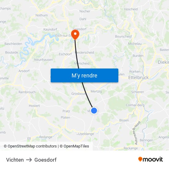 Vichten to Goesdorf map