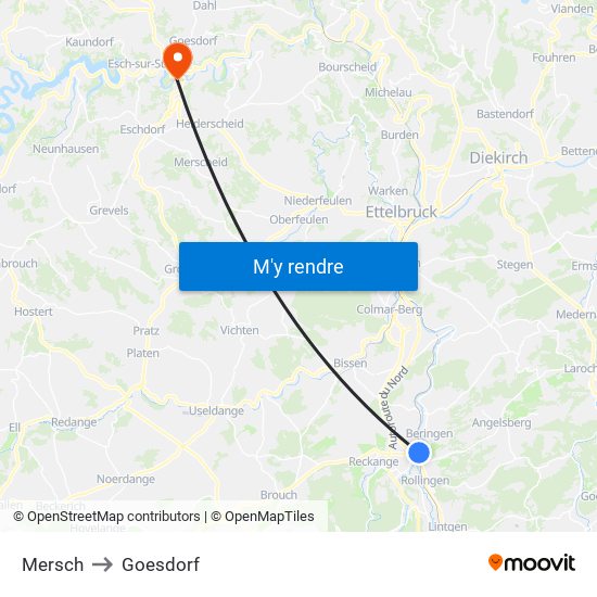 Mersch to Goesdorf map