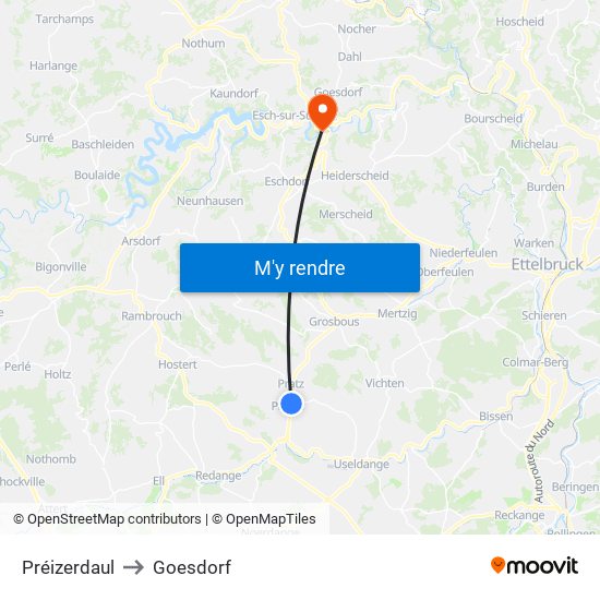 Préizerdaul to Goesdorf map