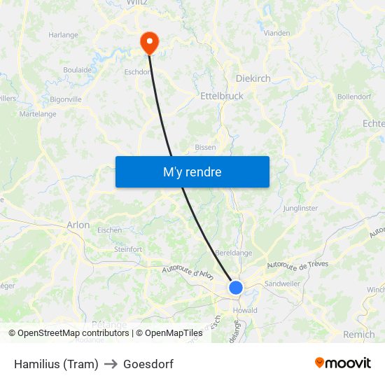 Hamilius (Tram) to Goesdorf map