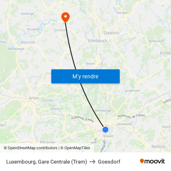 Luxembourg, Gare Centrale (Tram) to Goesdorf map