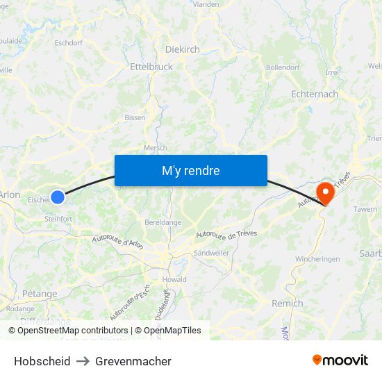 Hobscheid to Grevenmacher map