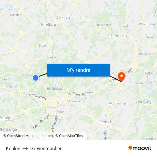 Kehlen to Grevenmacher map