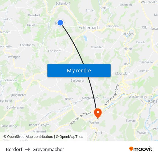 Berdorf to Grevenmacher map