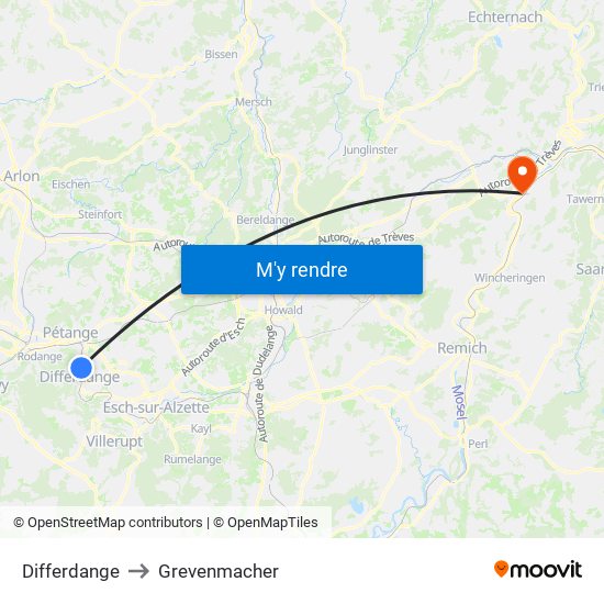 Differdange to Grevenmacher map