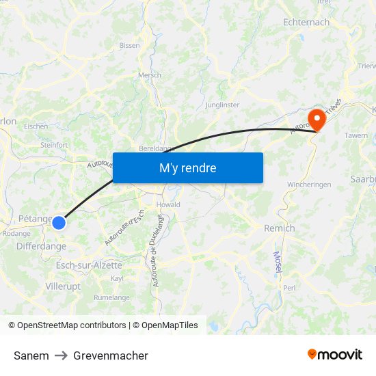 Sanem to Grevenmacher map