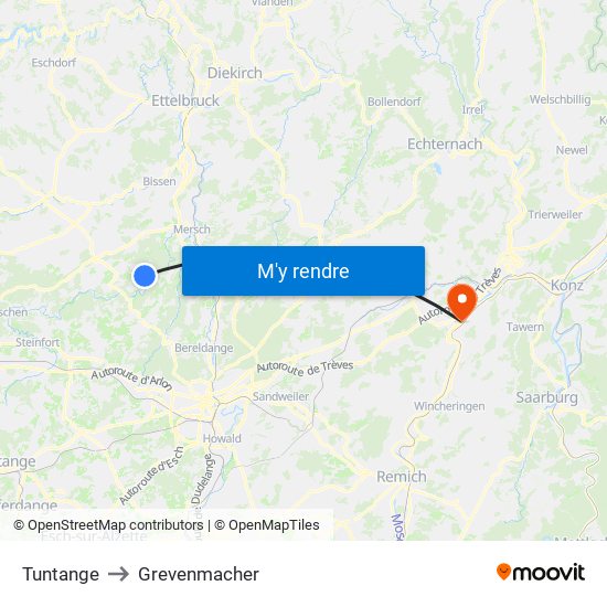 Tuntange to Grevenmacher map