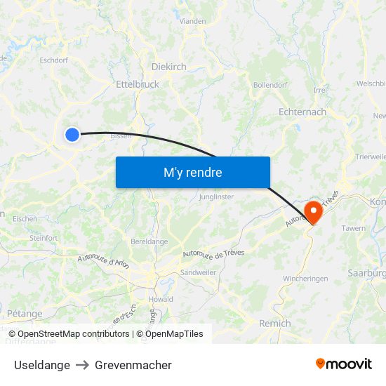 Useldange to Grevenmacher map