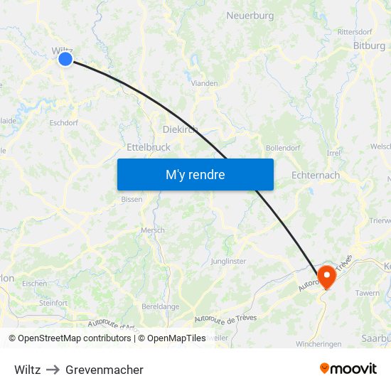 Wiltz to Grevenmacher map
