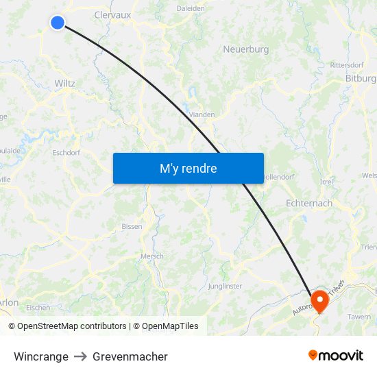 Wincrange to Grevenmacher map